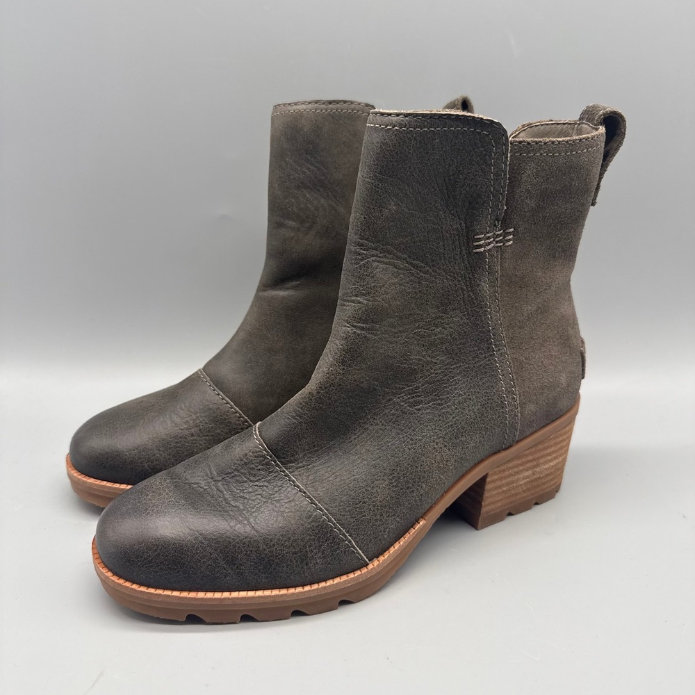 Sorel‎ Cate Ankle Boots Quarry Grey Leather Suede Block Heel NL3381-245 Womens 6